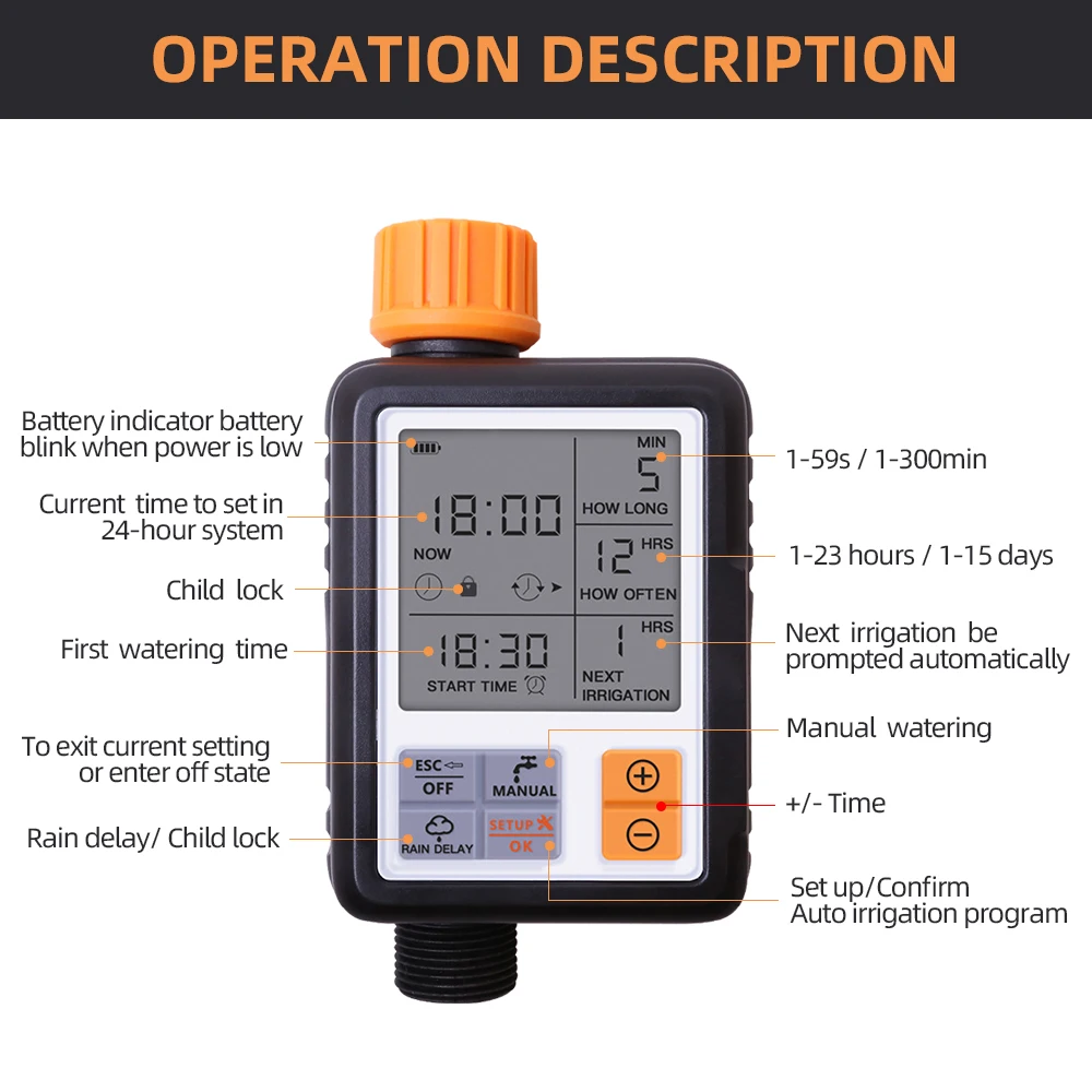 Automatic Irrigation Water Timer  3" Large  LCD Screen Garden Lawn Watering System Device Controller  IP65 Waterproof
