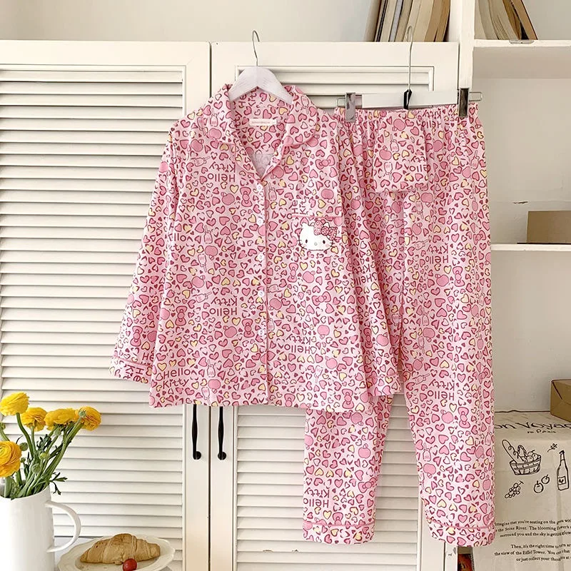 Sanrio Pajamas HelloKitty Home Wear Girls Pink Leopard Print Long-sleeved Trousers Pure Cotton Two-piece Set Spring and Autumn