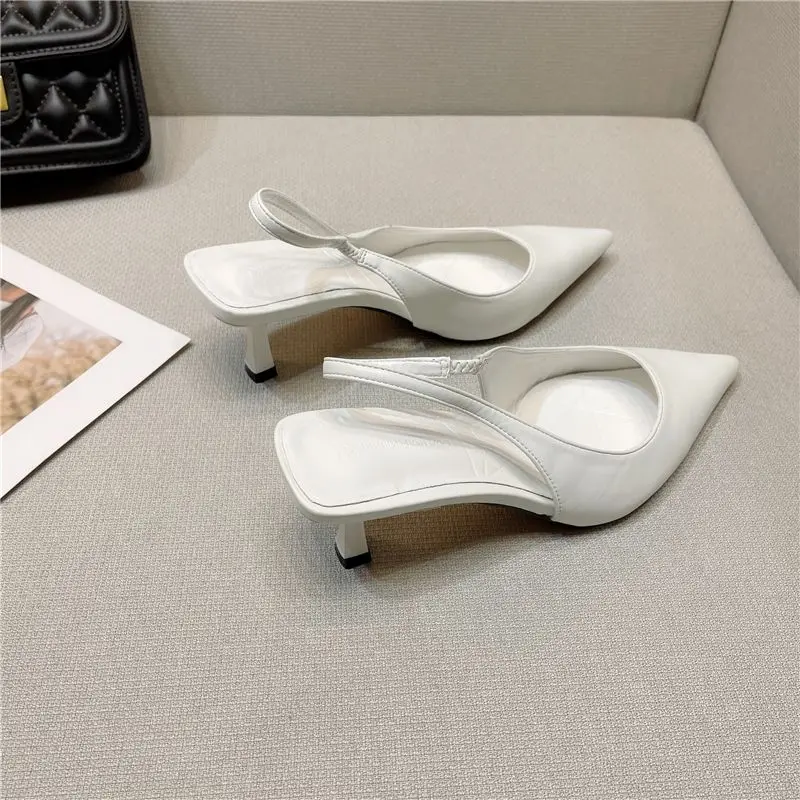 Korea Women Pointed Toe Stiletto Heel Sandals Women\'s Back Empty Shallow Single Shoes 2022 New Summer Girls Mid-heel White Pumps