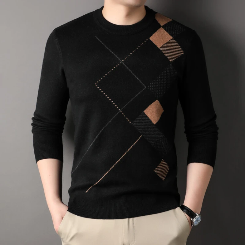 

Autumn Winter Men's Long-Sleeved Sweater Young Fashion Knitwear Color Matching Top Gray Black Sweater -Sizes S-4XL