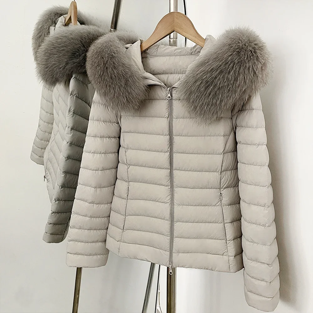 OFTBUY Daunenjacke mit echtem Fuchsfellkragen, leicht, gesteppt, mit Reißverschluss, neuer Winter-Puffermantel, kurze Daunenjacke mit Kapuze für Damen – Detail 11