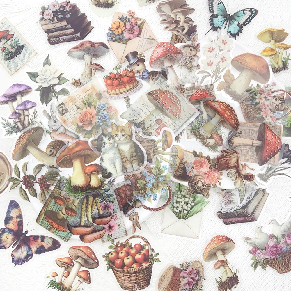50pcs Vintage Mushroom PET Transparent Stickers Cute Rabbit Butterfly Decal DIY Diary Guitar Suitcase Fridge Decorative Stickers