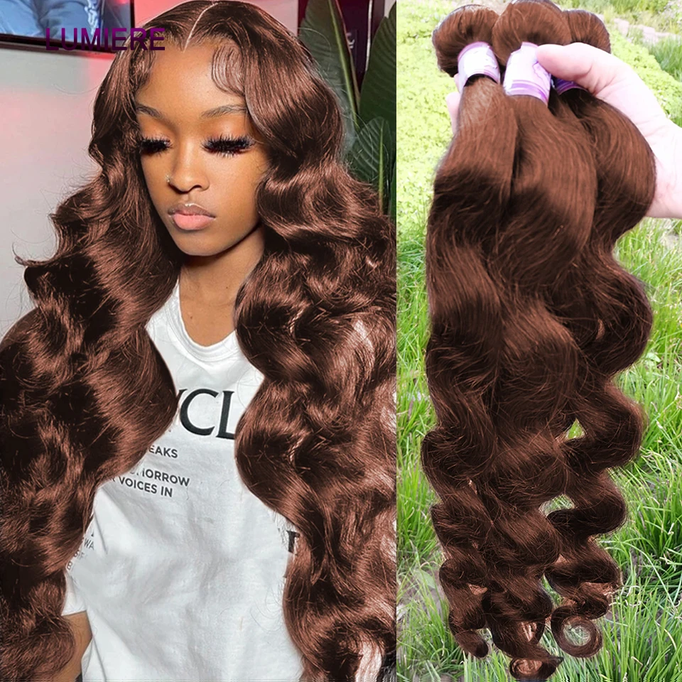 32inch #4 Chocolate Auburn Brown Body Wave Human Hair Weave Bundle with Closure Frontal 5x5 HD Ombre Colored Bundle With Closure