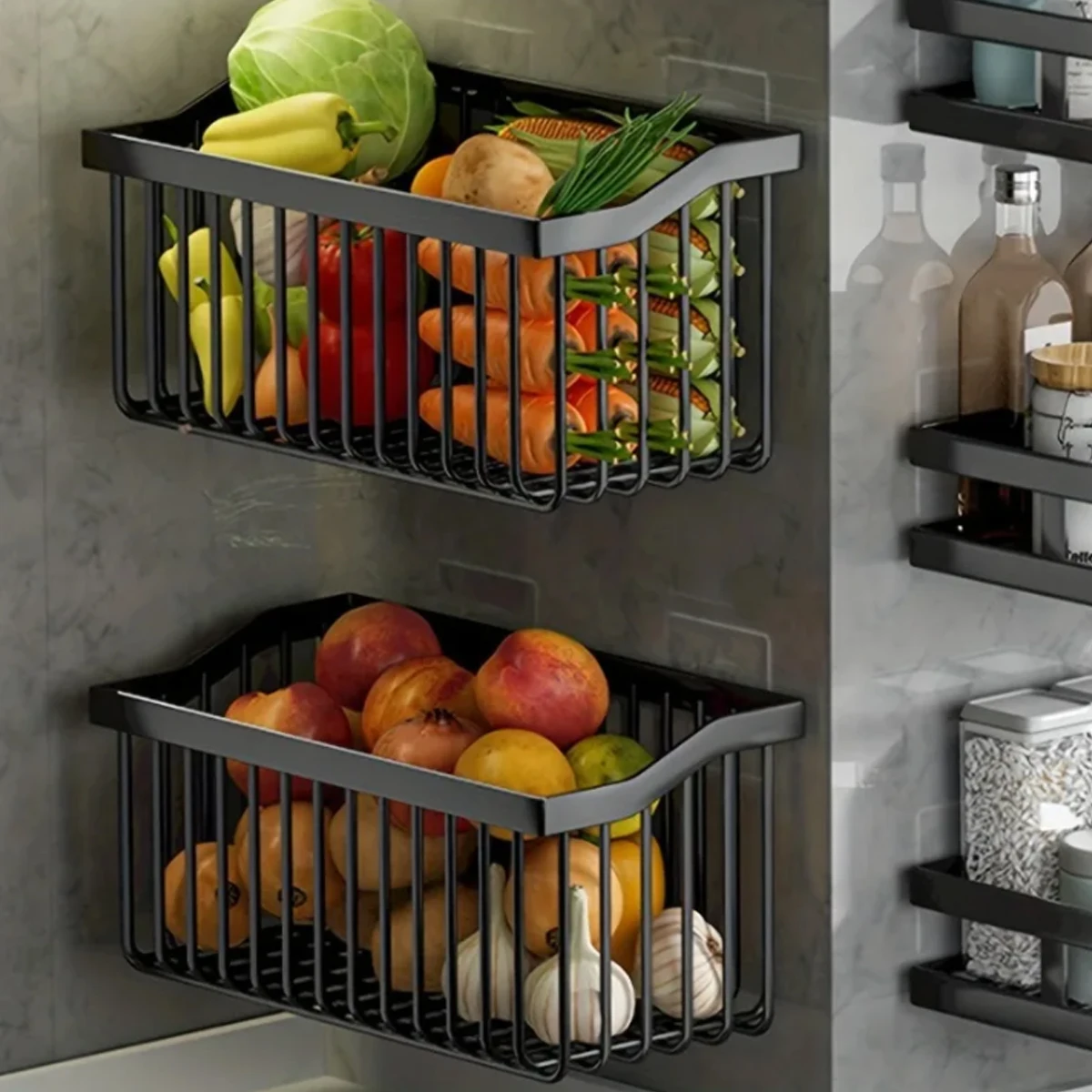 1pc Wall Mounted Storage Basket Kitchen Storage Cabinet  Fruit Basket Space Saving Pantry Organization Kitchen Accessory