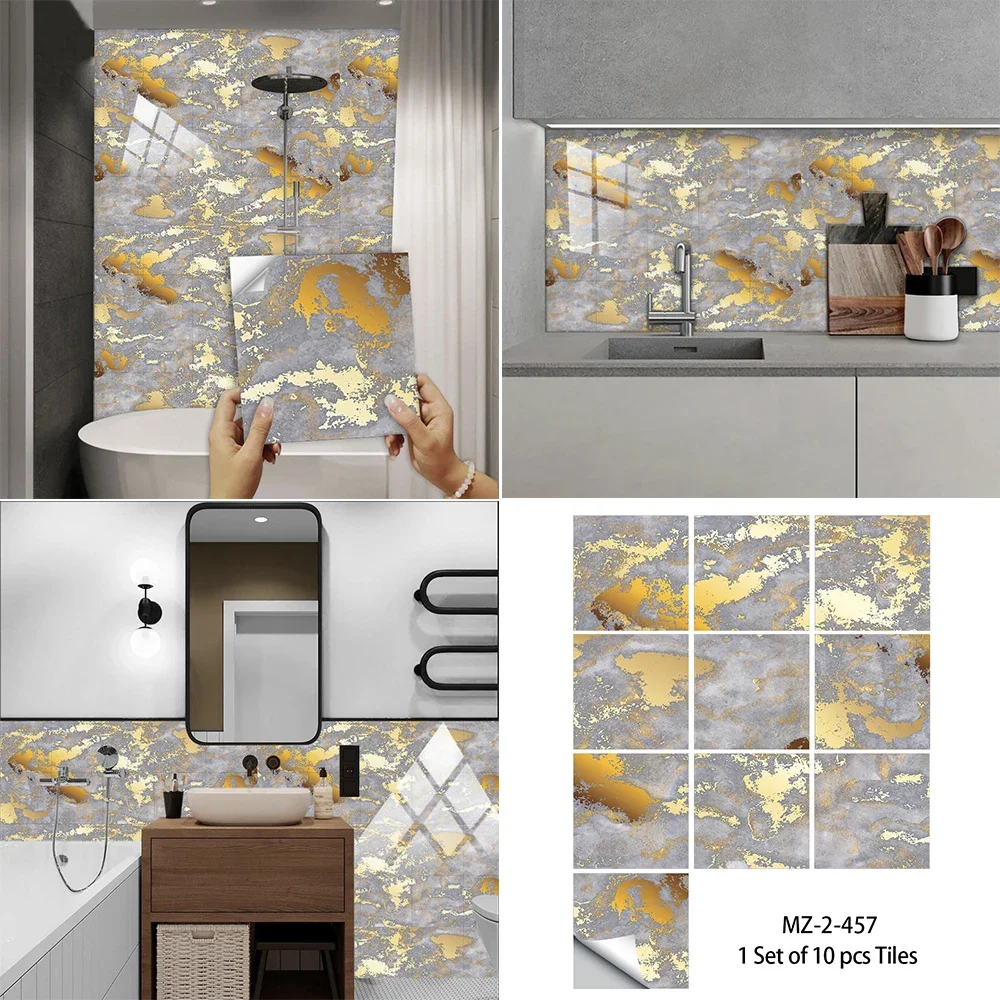 10pcs American Style Golden Marble Pattern Tiles Sticker Kitchen Backsplash Oil-proof Cupboard Waterproof Art Wall Decals