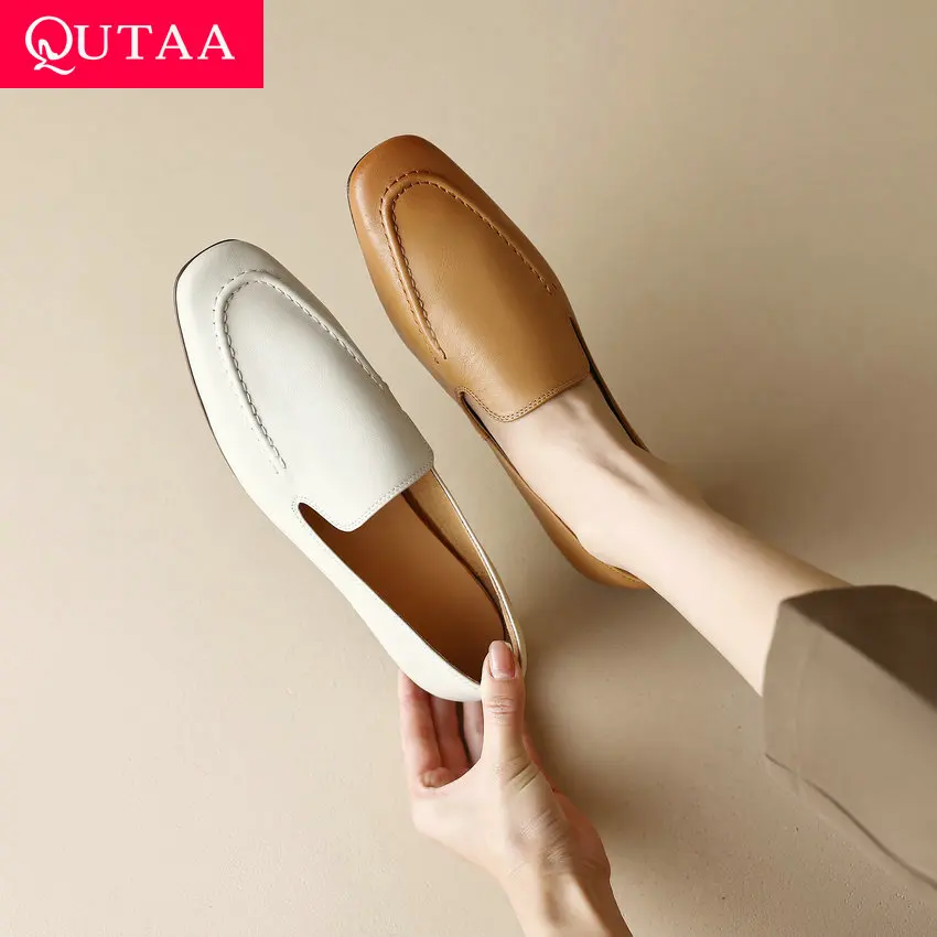 QUTAA 2023 New Arrival Women Pumps Spring Summer Fashion ow Heels Office Ladies Casual Genuine Leather Shoes Woman Size 34-40