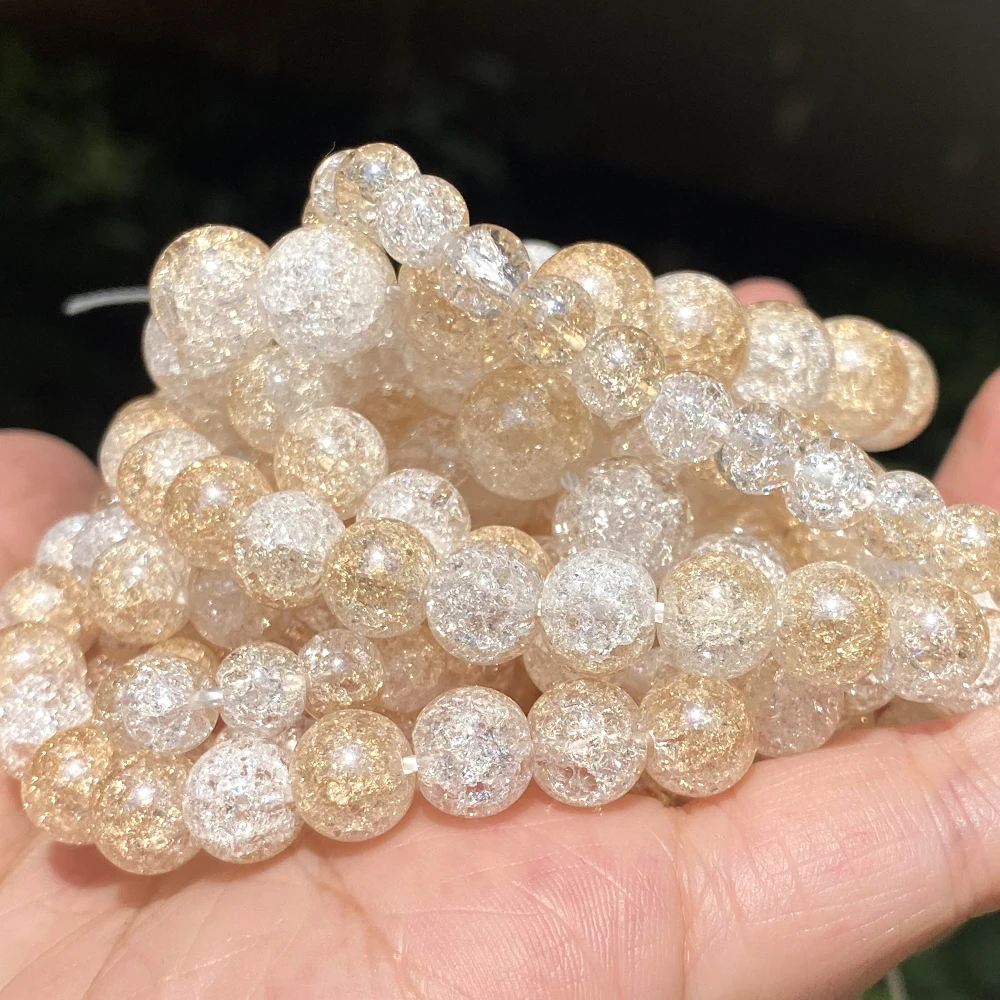 Natural Stone Beads 6 8 10 12mm Champagne Gold Plated Cracked Crystal Round Beads For Jewelry Making DIY Bracelet Necklace 15\'\'