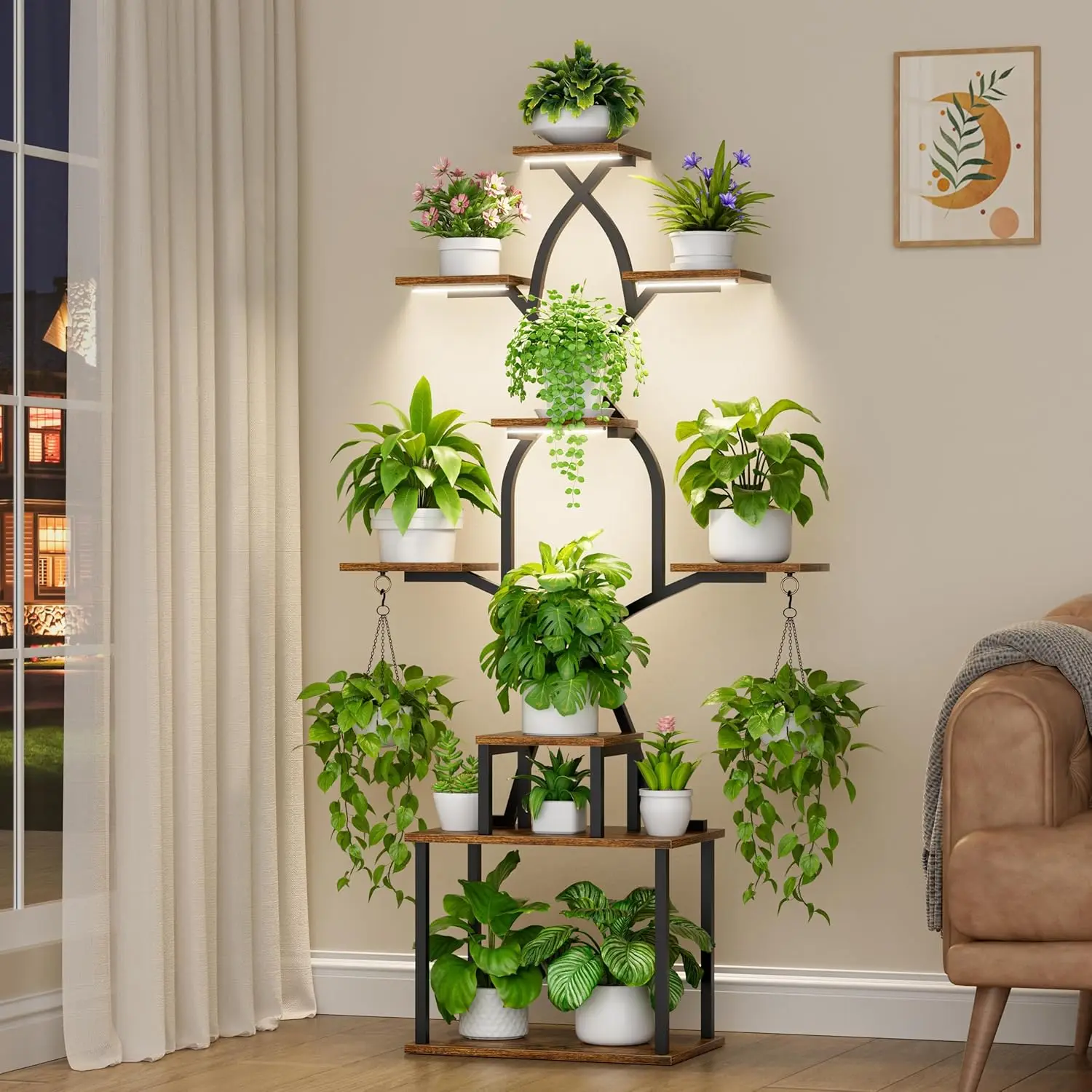 Plant Stand with Grow Lights - 7 Tier Indoor Plant Shelf, 64" Tall  for Indoor Plants, Corner Metal Plant Stand, Plant Holder for Living Room, Porch, Black