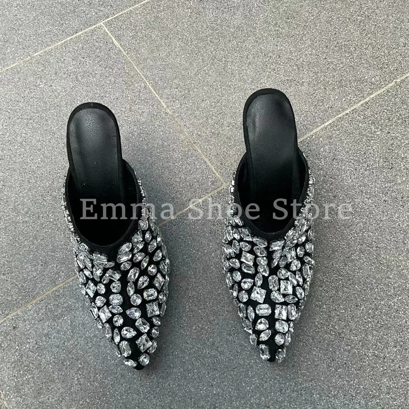 Элегантные черные сабо со стразами, украшенные стразами, туфли-лодочки на высоком каблуке-шпильке с острым носком, вечерние тапочки без шнуровки, вечерние женские туфли с кристаллами