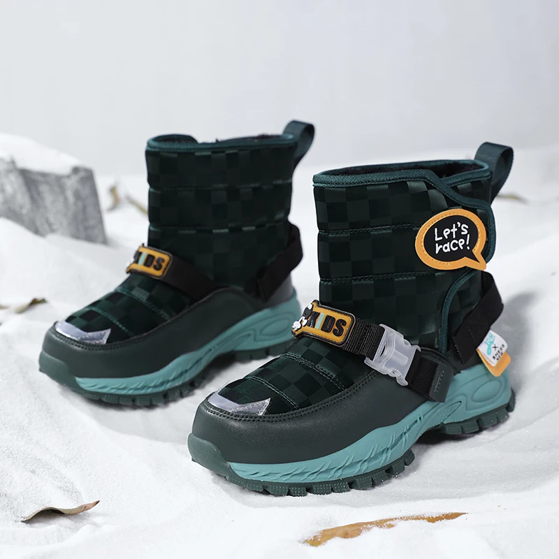 Zapatos de nieve antideslizantes con forro de felpa para niño y niña, botines planos impermeables, botas de nieve de piel duraderas para exteriores, Invierno