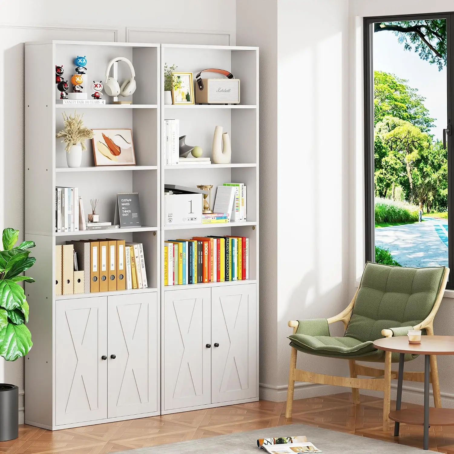 6-Tier Bookcase with Doors, Farmhouse Display Storage Shelves 71 Inch Wood Tall Bookcase for Home Office Living Room, Customized