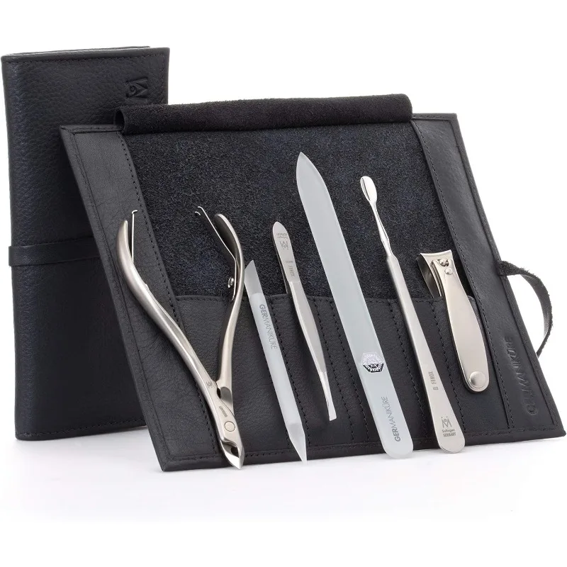 

GERMANIKURE 6pc Manicure Set in Black Leather Case - FINOX Stainless Steel Tools Glass Nail Care Supplies
