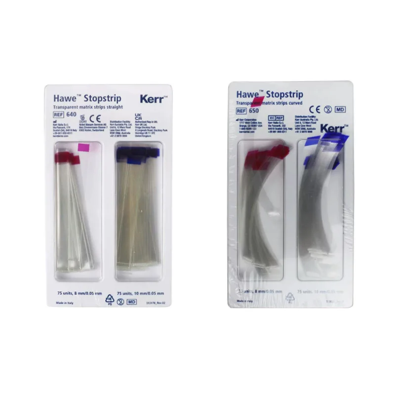 150Pcs/Box Dental Kerr Hawe Stoppstrip Transparent Anterior Matrix Strips with Integrated Stop REF 640 Straight/REF 650 Curved