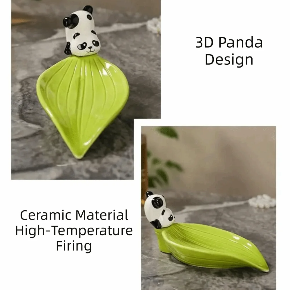 

No Punching Ceramic Self Draining Soap Holder Bamboo Creative Panda Soap Dish Cute Soap Tray Counter Tray