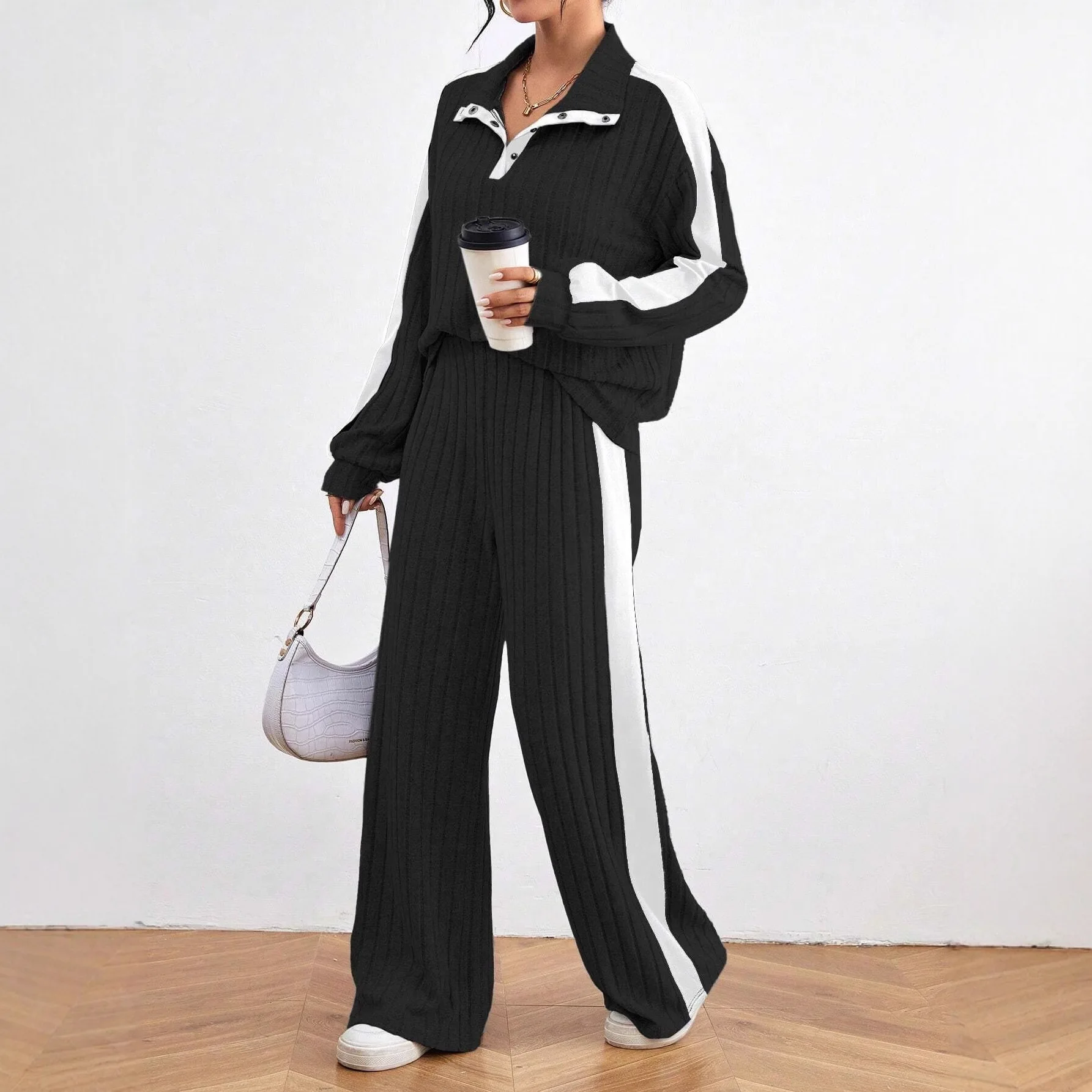 

2025 женский модный спортивный костюм, свободный повседневный полосатый пуловер с v-образным вырезом, широкие брюки, комплект из двух предметов, женский одинаковый наряд