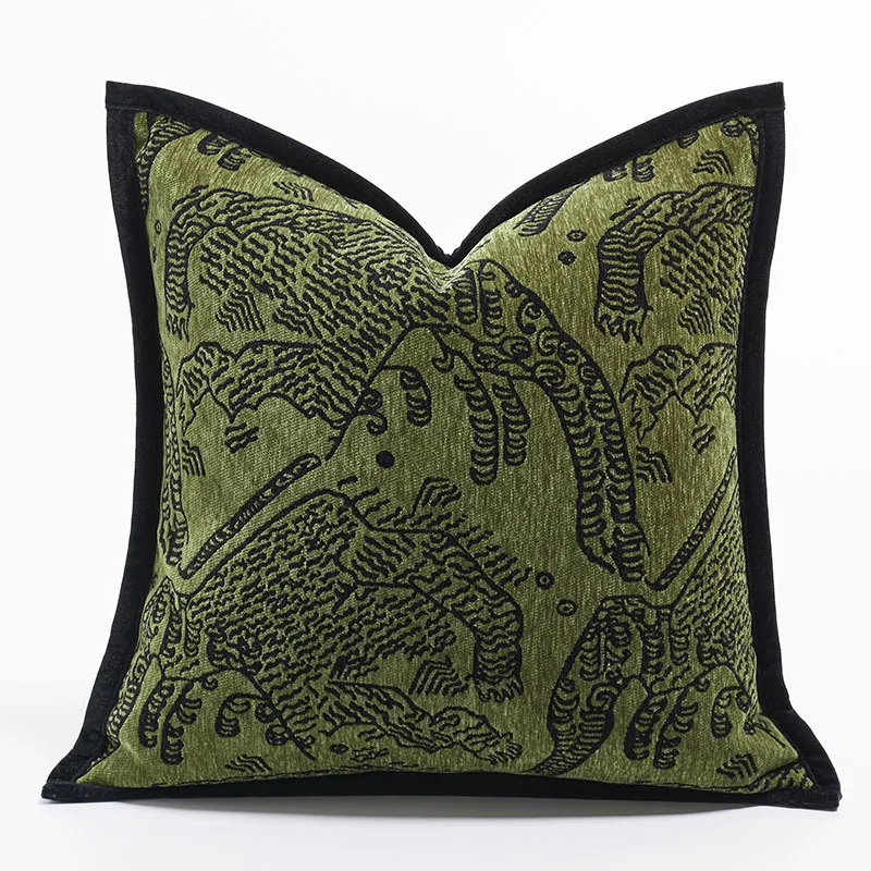 

Retro Green Tiger Patterned Jacquard Cushion Cover Luxury High-end Pillowcase Premium Design Sofa Pillow Case Decorative Home