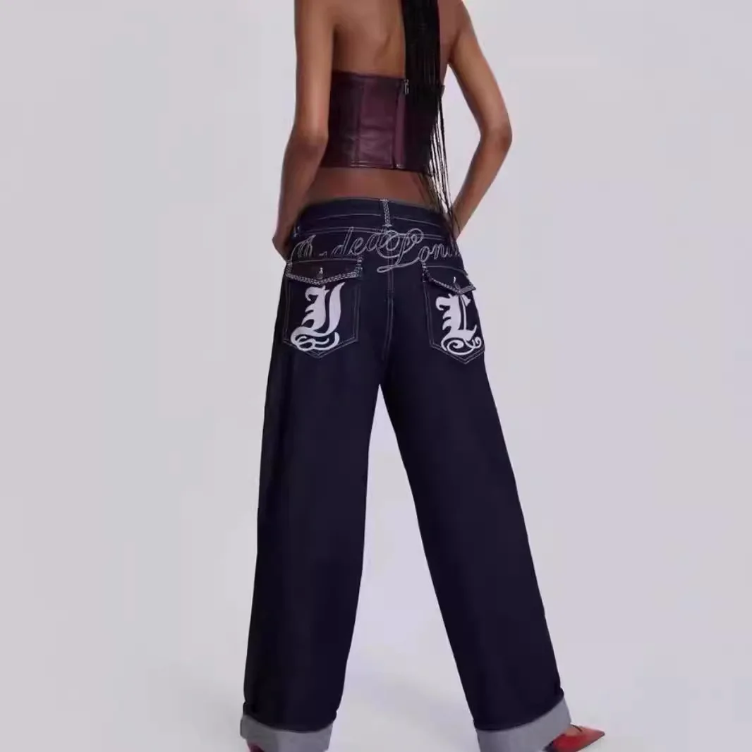 

Jaded London Millennium Модная уличная одежда Свободные прямые джинсы Универсальные джинсовые брюки с низкой талией и принтом для женщин