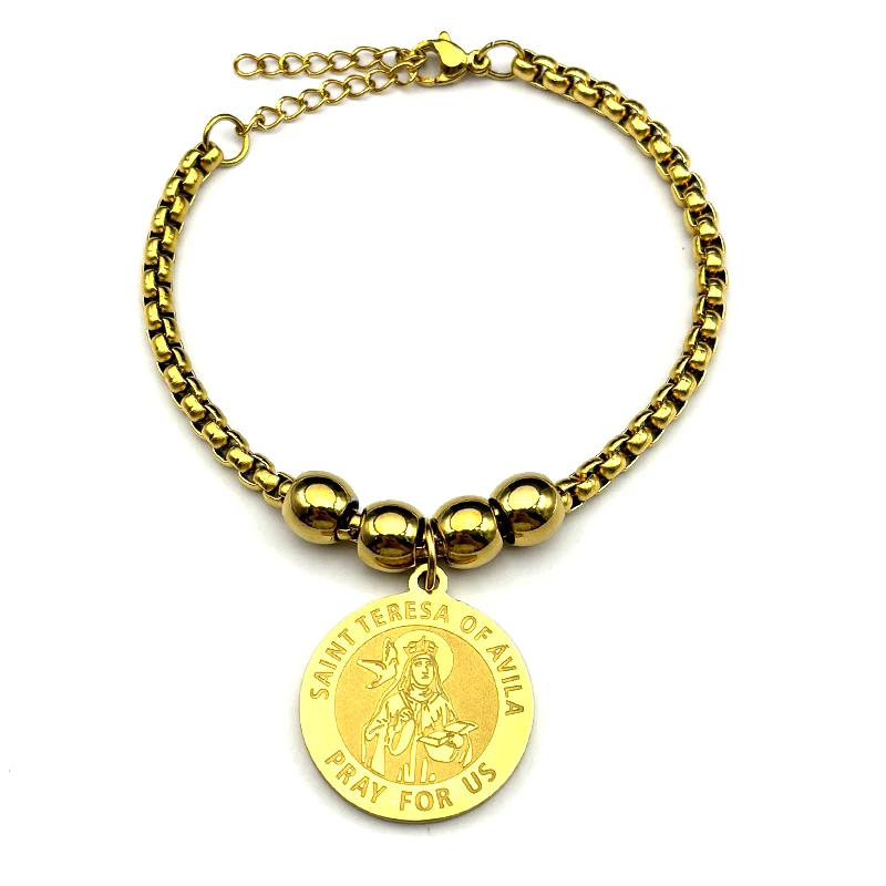 سانت تيريزا أفيللا الصلاة بالنسبة لنا سوار للنساء الرجال الفولاذ المقاوم للصدأ الذهب اللون الكاثوليكية الإيمان سلسلة اليد مجوهرات هدايا #2