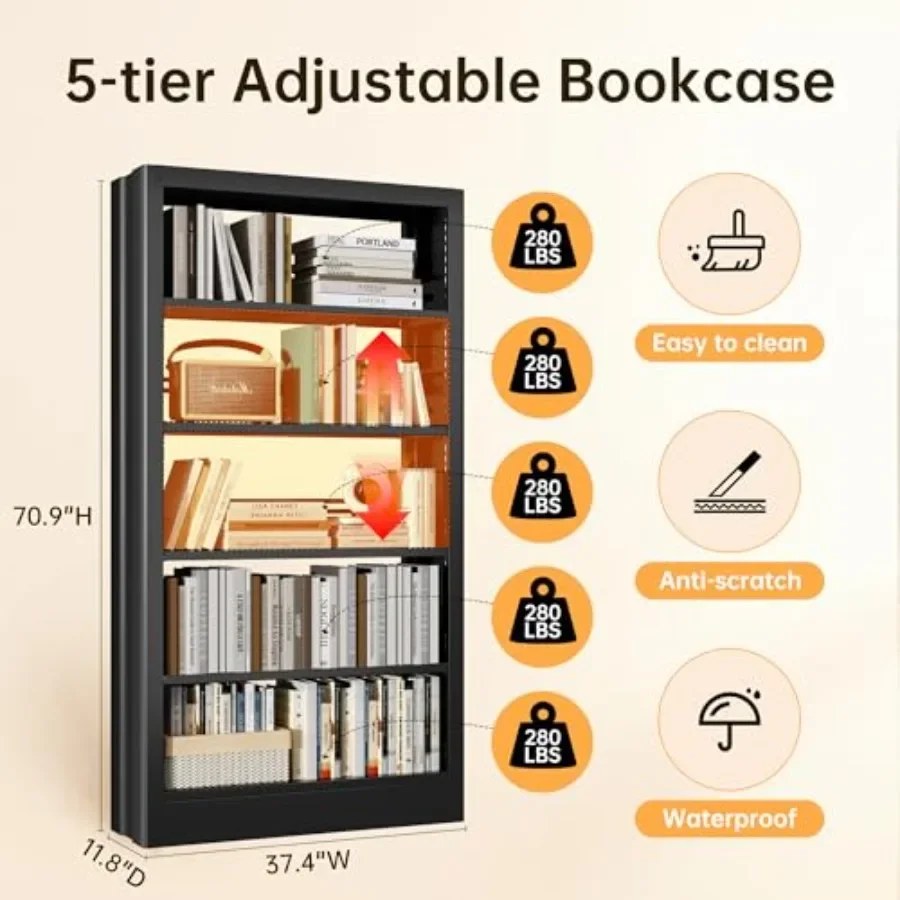 5-Tier Bookcase for Library Office Living Room, Heavy Duty Metal Bookshelf with Adjustable Shelves and Book Stopper, Black
