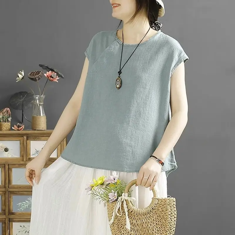 Women\'s Summer Vintage Chinese Style Cotton Linen Short Sleeve T-shirts Simple Casual Solid Round Neck Loose Tops Ropa De Mujer