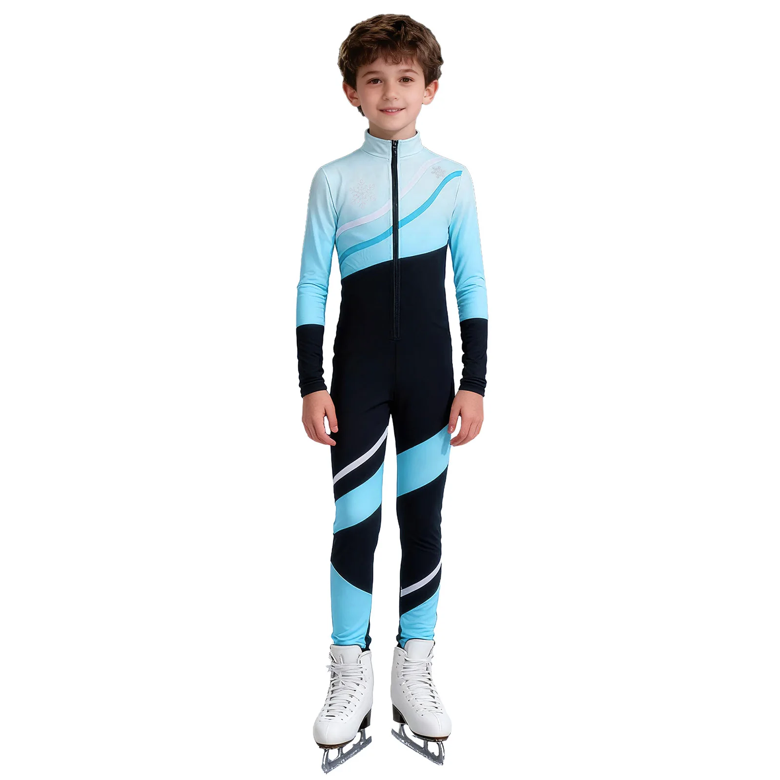 

Kids Girls Boys Figure Skating Jumpsuit Shiny Rhinestone Snowflake Color Block Stand Collar Long Sleeve Zipper Bodysuit Rompers