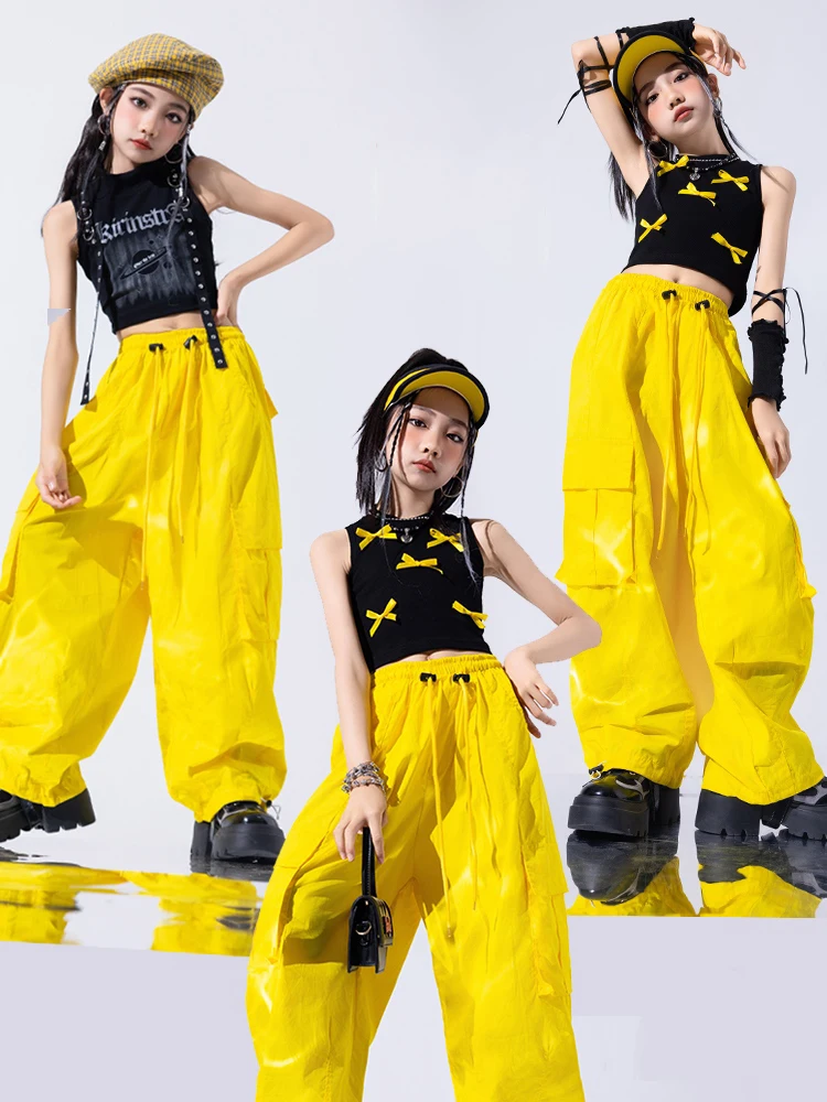 2024 Kids Jazz Dance Clothes Girls Navel Tops Yellow Pants Loose Hip Hop Clothing Loose Street Dance Performance Costume BL13412