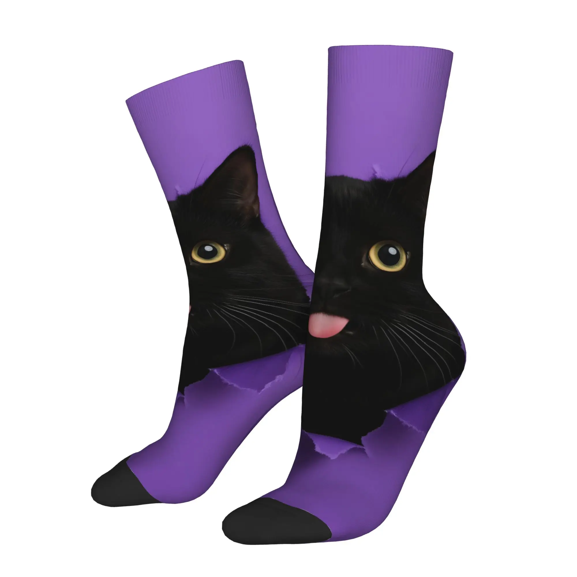 1 par de calcetines Hip Hop Vintage con fondo morado y negro para hombre, calcetín divertido con estampado de W-Whiskas Harajuku