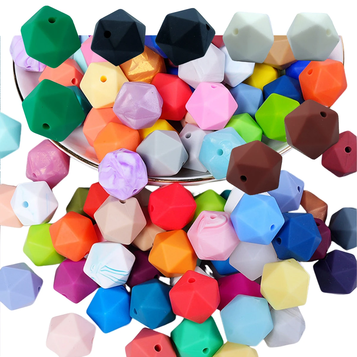 50pc BPA Free Food Grade 14mm Multi-faceted Geometric Silicone Polygon Beads Chew Soft Baby Silicone Teething Beads Shower Gift