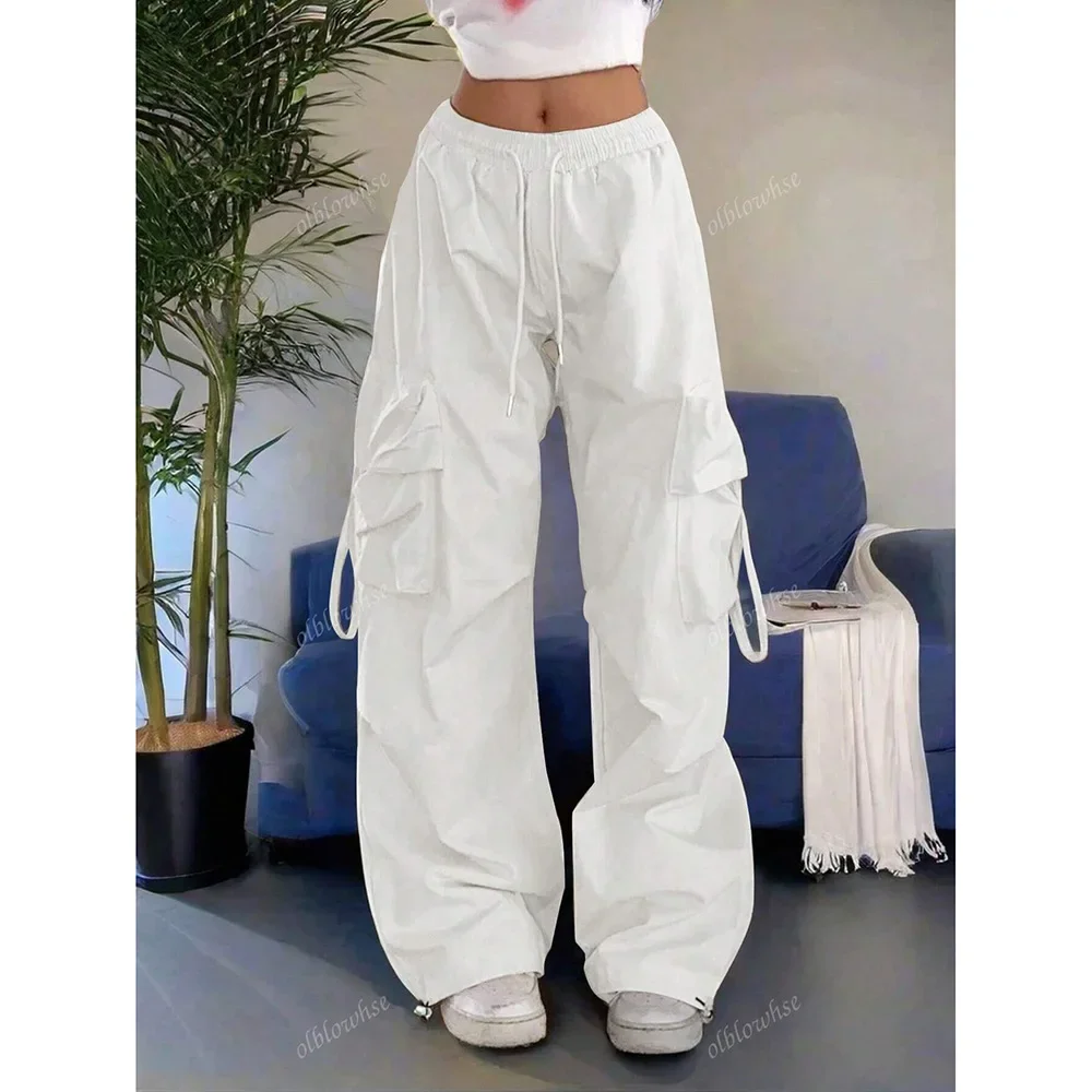 Pantalones informales holgados de pierna ancha para mujer, ropa de trabajo con bolsillos grandes, pantalones largos Vintage, tendencia de calle alta, novedad de 2025