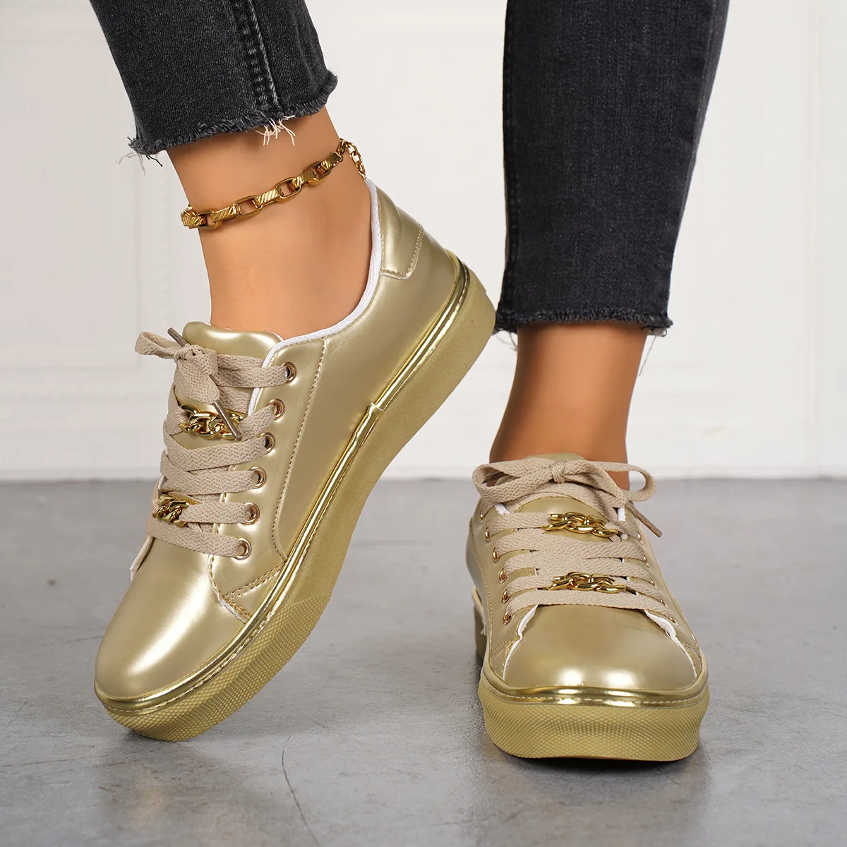 Platform Chain Sports Wind Low-top Single Shoes Women's Leather Front Lace-up Foot Cover Casual Sneaker Shoe Zapatos Mujer
