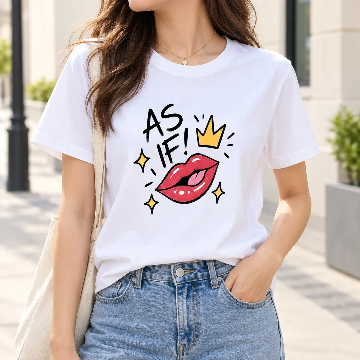 eavyweight  Women Graphic T-Shirt, As If Lips Crown Print Y2K Oversized Casual Tee