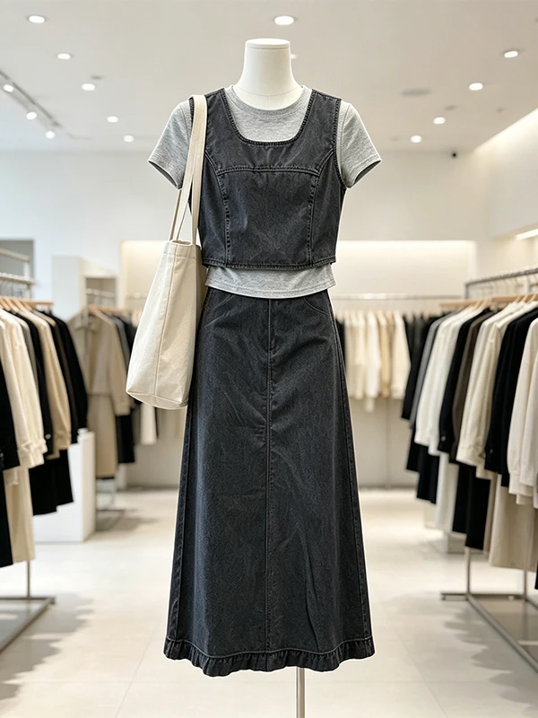 

Large Size Women's Summer Outfit Tank Top Half Skirt Base Layer Three Piece Set Casual Korean Style High Waist A-Line Skirt