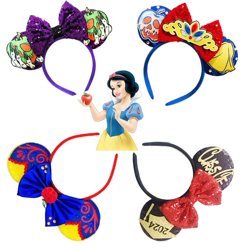 Snow White Red Apple Mickey Mouse Ears Headband Cartoon Bow Sequins Hairband Women Birthday Gift Girl Kids Party Hair Accessorie