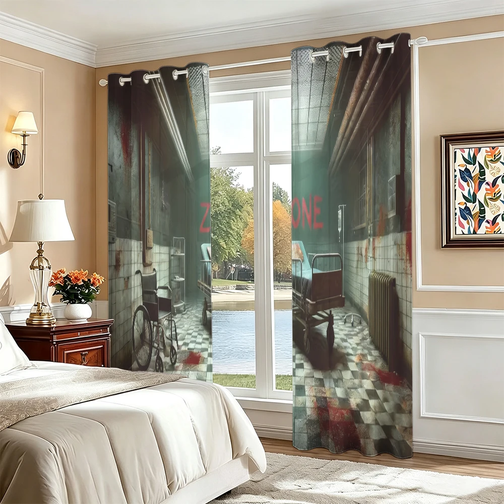 2Pcs Horror Hospital Ward ZONE Printed Curtains Perforated Hole‑Punch Blackout Privacy Window Drapes For Living Room Bedroom