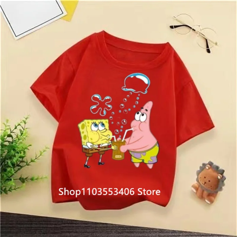 Fashion 2024 Summer Kids T-shirt, SpongeBob Squarepants Print Korean Hip Hop O-collar T-shirt, Harajuku kids set