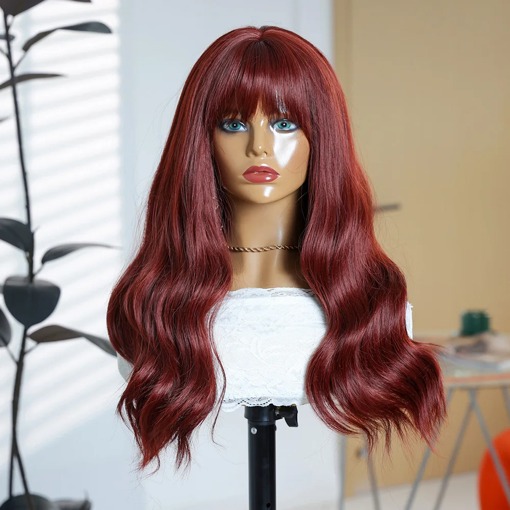 

22 inch big wave red chemical fiber long hair natural fluffy Qi bangs full head wig halloween cos