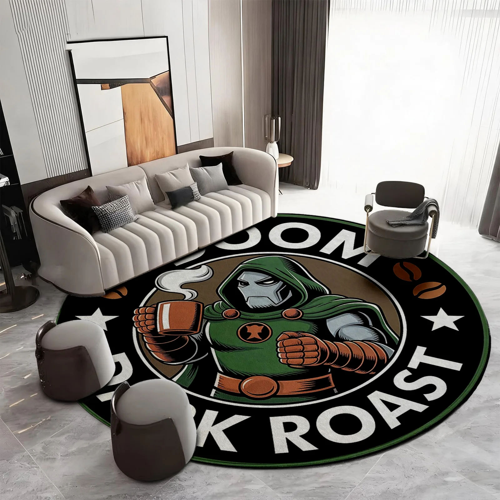 Round Coffee Roasting Theme Floor Mat Rug for Kitchen Cafe Barista Gift Idea Espresso Drink Lover Geometric Indoor Outdoor Area