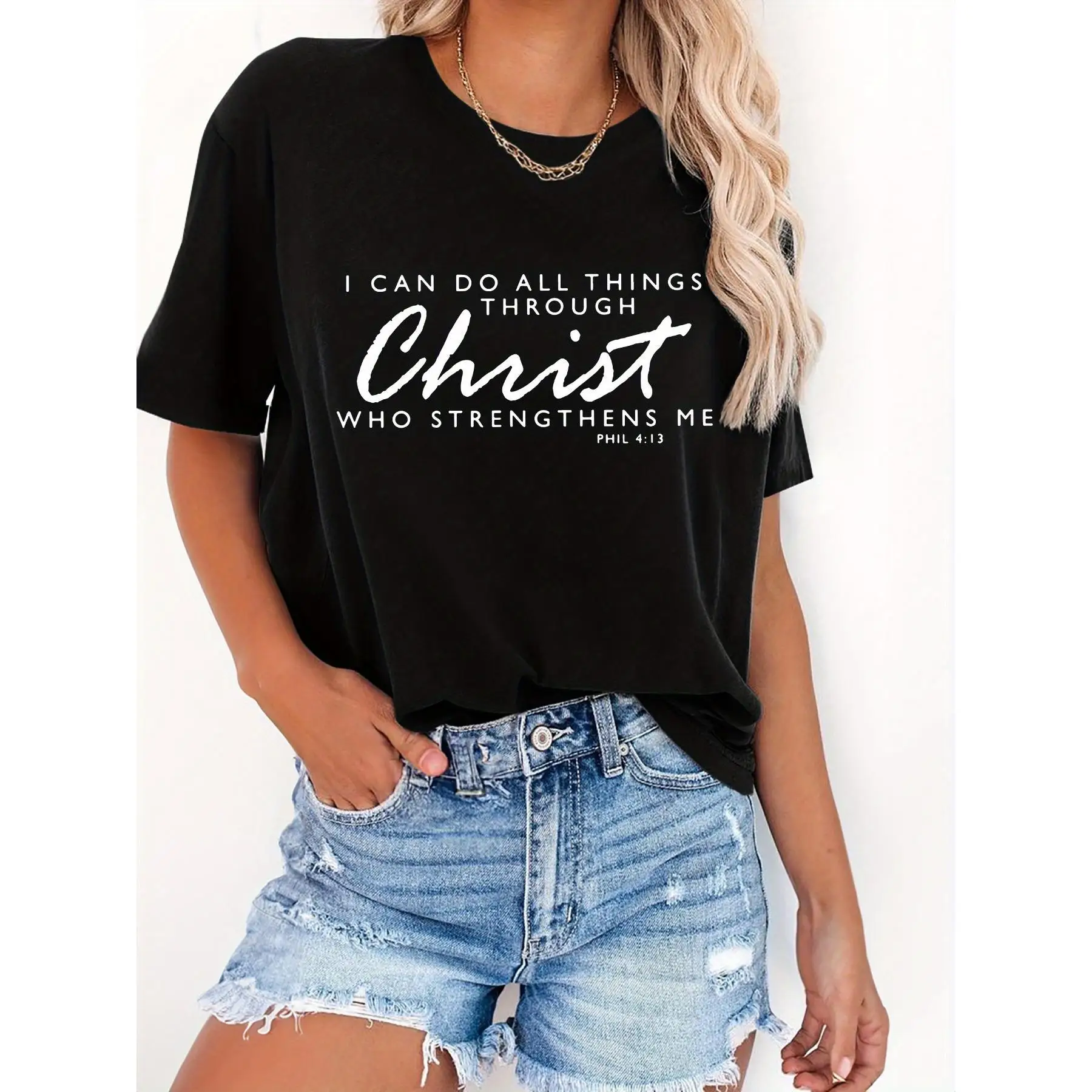 

Christ Christian Faith T-Shirt for Women Jesus Scripture Casual Summer Outfit Philippians 4:13 Bible Verse Gift