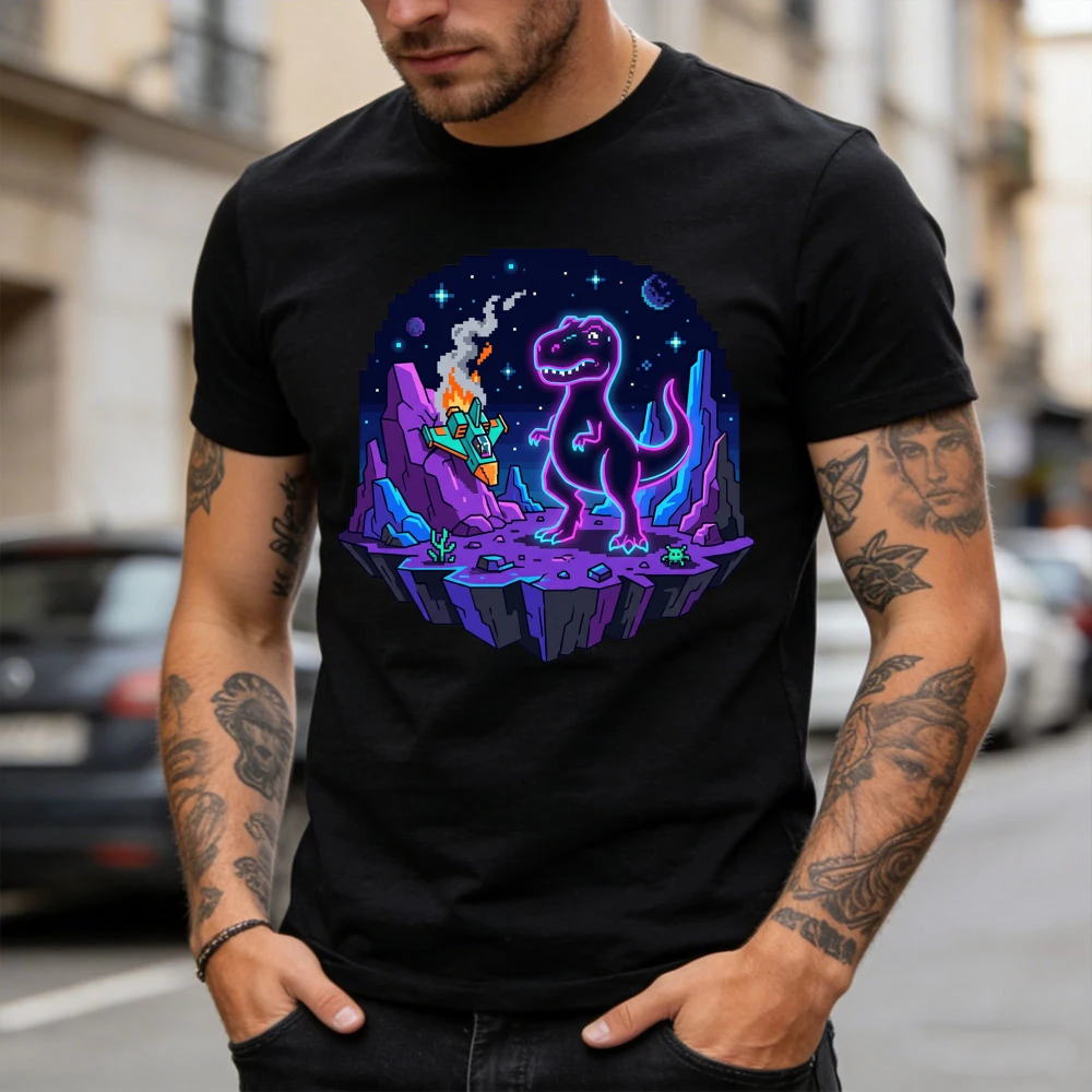 Neon Pixel Space T-Rex Unisex Graphic T-Shirt Retro Dinosaur Alien Planet Men Casual Short Sleeve Tees Pixel Art T‑Shirts