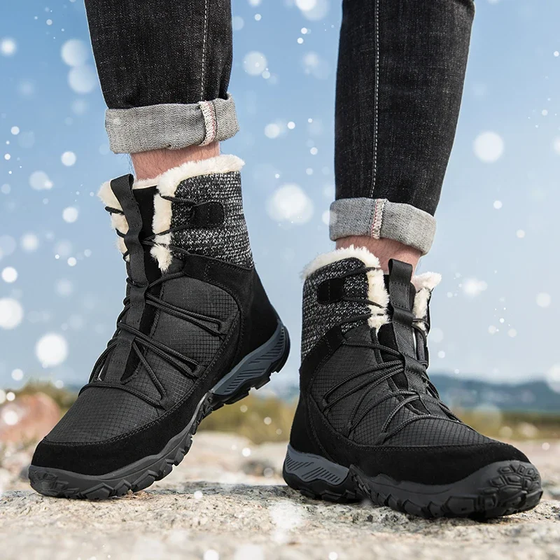 Botas de nieve antideslizantes para hombre, Botines de cuero cálido de felpa para exteriores, zapatos de senderismo de talla grande, novedad de invierno