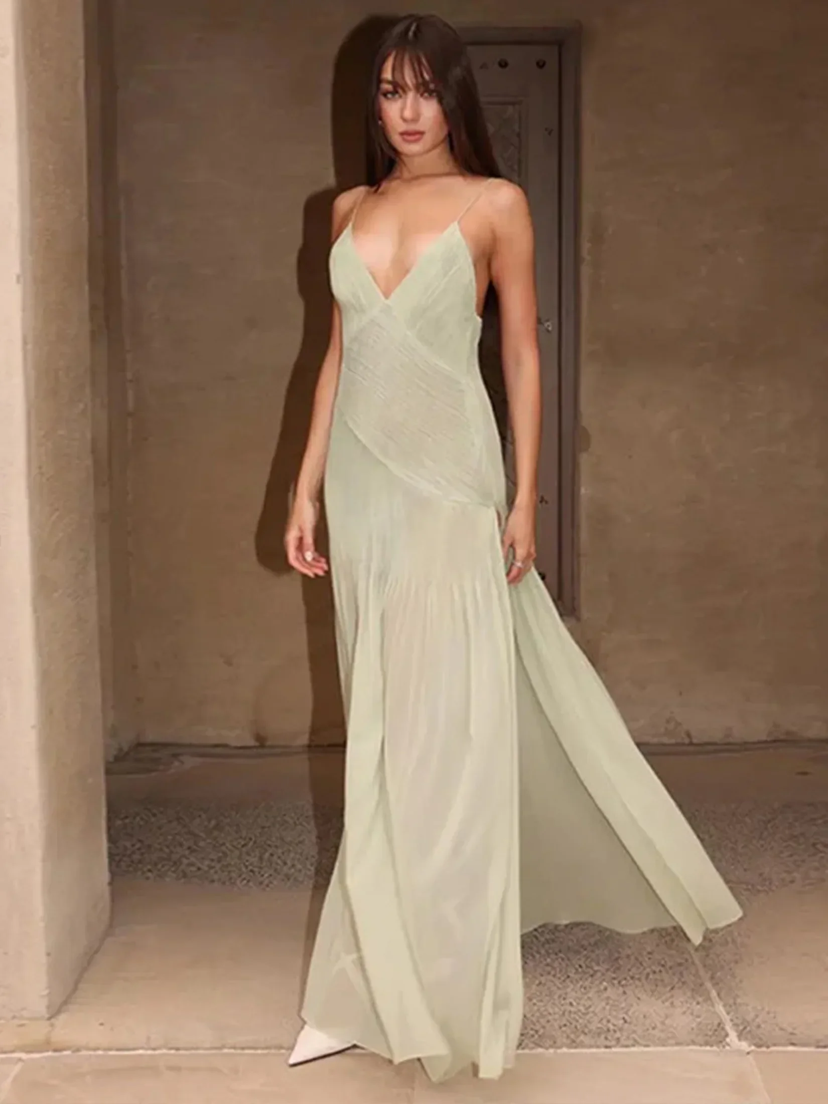 2024 Sexy Deep V Neck Sleeveless Spaghetti Strap Backless High Waist Slim Long Dresses For Women Evening Maxi Dresses A3071