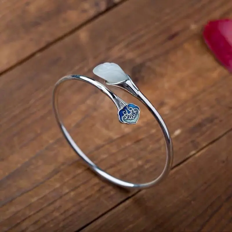 

Браслет из стерлингового серебра 925 пробы и нефрита Хэтянь, магнолия, перегородчатый браслет, регулируемый открывающийся браслет в этническом стиле, элегантный подарок для женщин