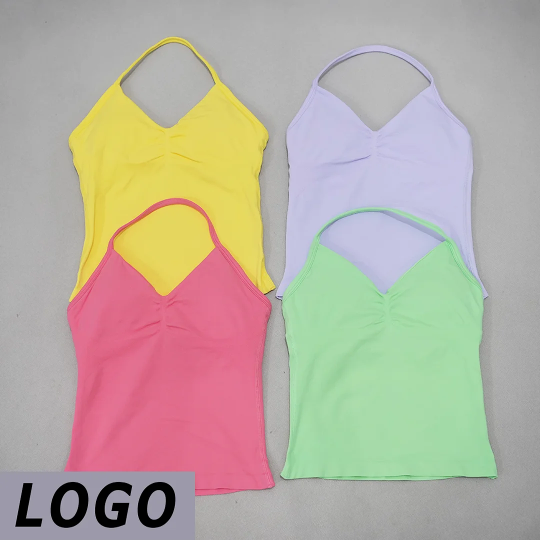 DF-LOGO Seamless Yoga Tank Top For Women V Neck Longline Strappy Sports Vest Removable Pads Breathable Elastic Gym Running Wor