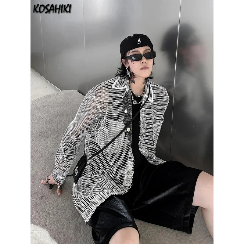 Kosahiki Harajuku mesh top shirt women men casual loose oversized all match blouse streetwear vintage Korean blusas