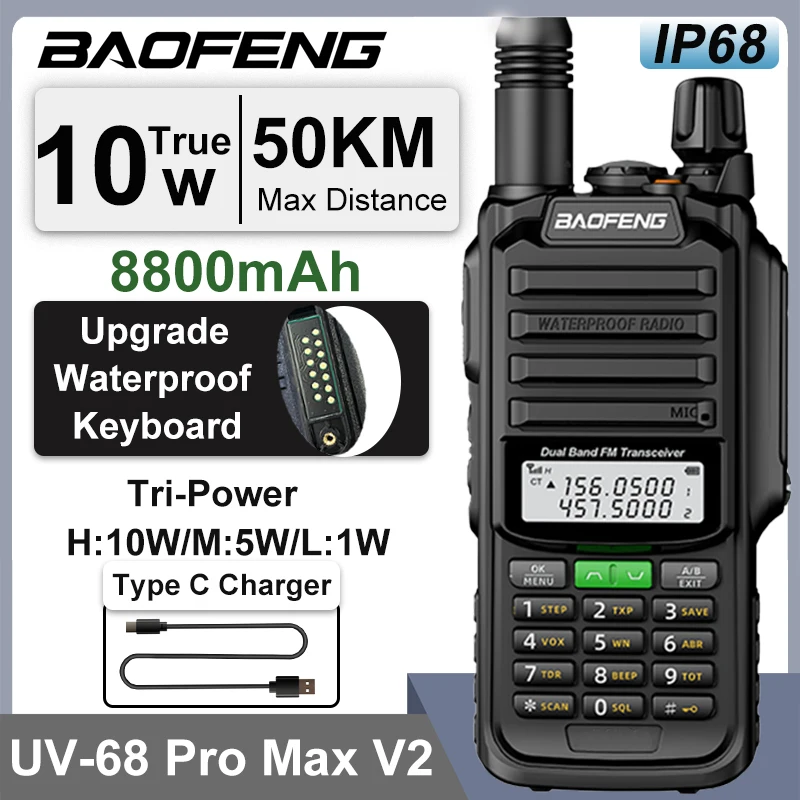 UV-68 Pro Max V2 Baofeng 10W Walkie Talkie IP68 8800mah Battery USB C UV-98 Pro UV-S22 Pro V2 FM Radio Dual Band Led Flashlight