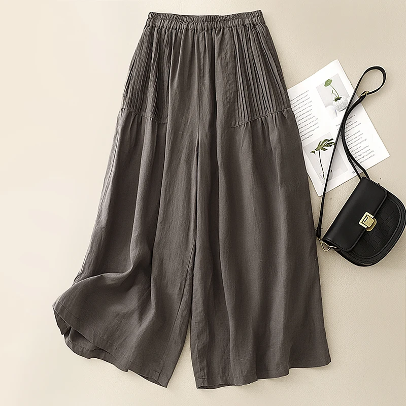 Pantaloni larghi larghi in puro lino Pantaloni casual con gonna a nove piedi Pantaloni a gamba larga in cotone primavera estate a vita larga