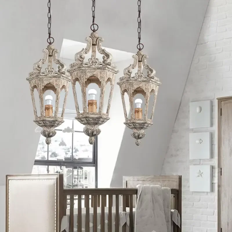 European Antique Lantern Candle Chandelier Vintage Carved Metal Frame Small Hanging Pendant Light for Hallway Dining