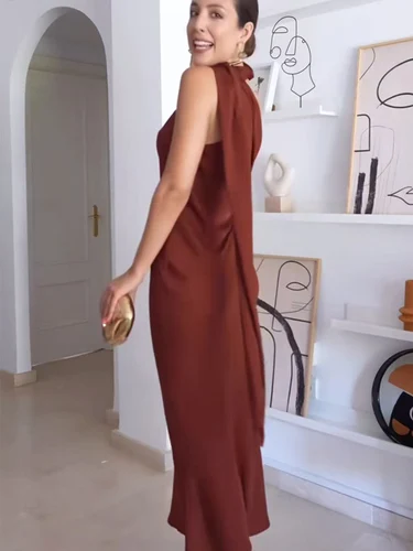 Imagen 2 del producto TFMLN, novedad de verano, vestido largo con cuello Halter y bufanda para mujer, vestido elegante asimétrico sin mangas, ropa de moda para mujer