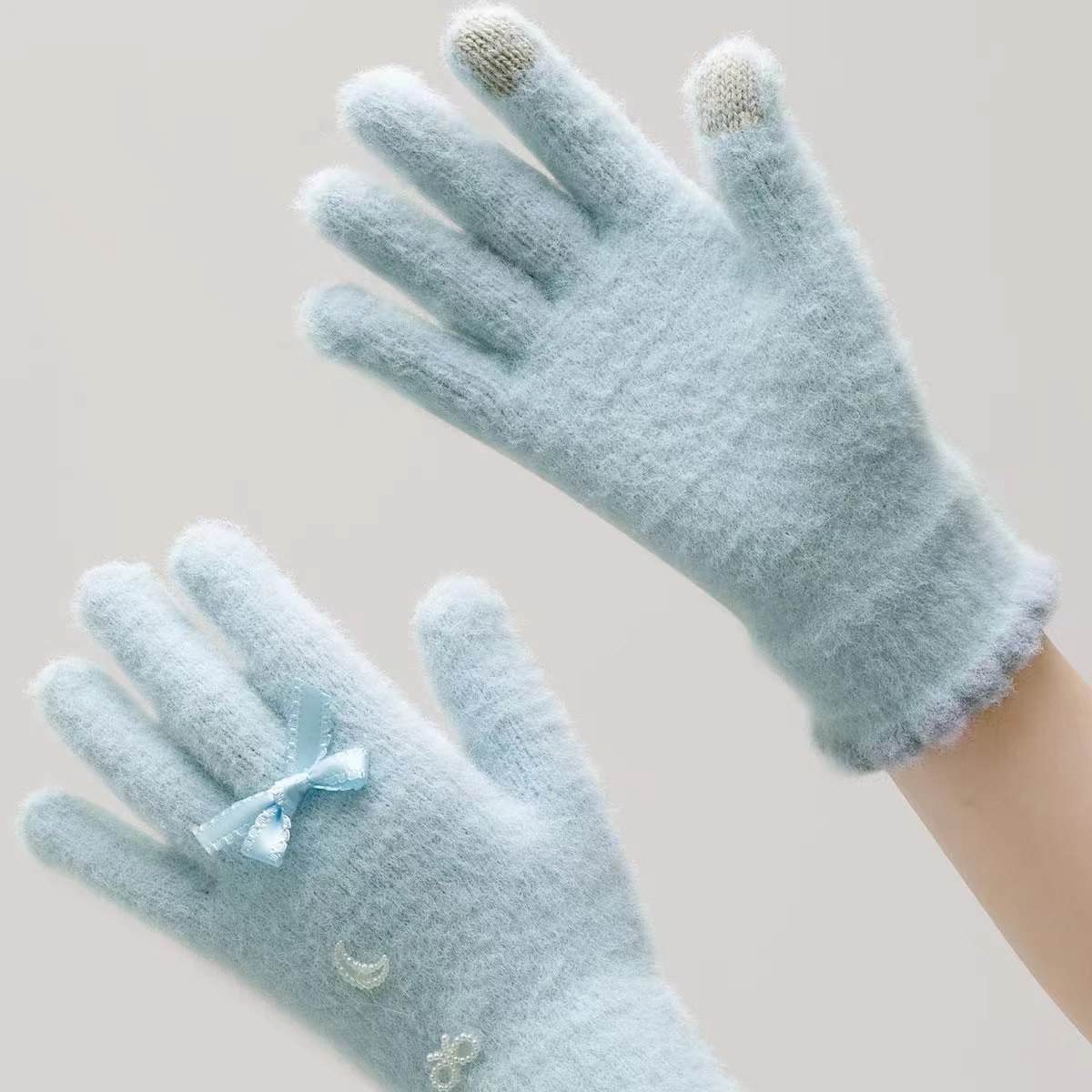 قفازات شتوية نسائية مع ديكور على شكل قمر على شكل فيونكة، قفازات حرارية مريحة فائقة النعومة، هدية أنيقة لها
