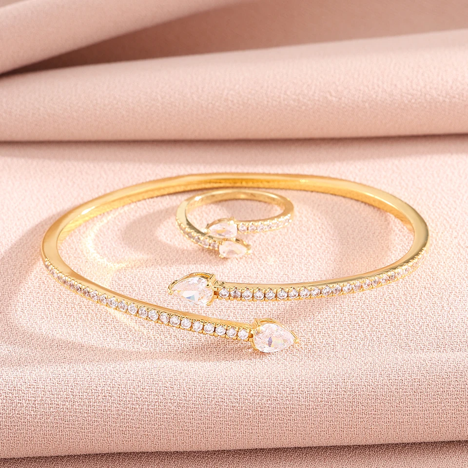 ZAKOL Silber-Gold-Farbenes Kupfer-Zirkonia-Offenes Armband-Ring-Hochzeitsschmuck-Set für Damen, Wassertropfen-CZ-Armreif-Set, Party-Geschenk – Detail 6